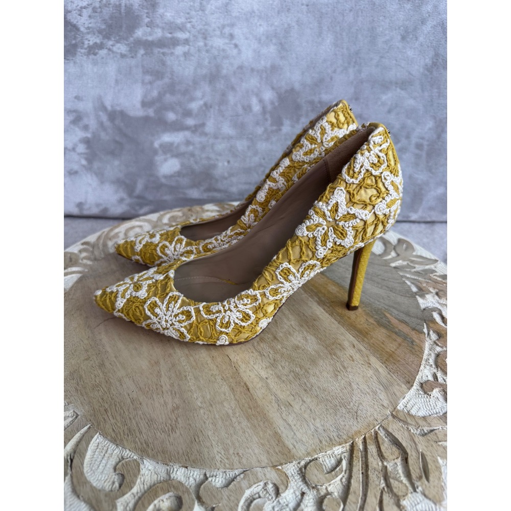 Sam Edelman Hazel Mustard Yellow White Floral Crochet Pointed Toe Pumps Heels - Picture 4 of 5